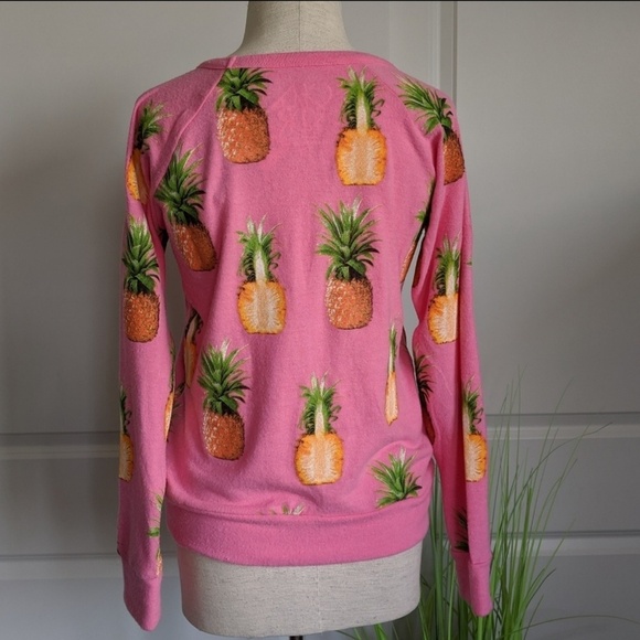 Chaser Fleece Pullover Pineapple Print Lightweight Long Sleeve Crew Pink S NWT - Picture 5 of 8